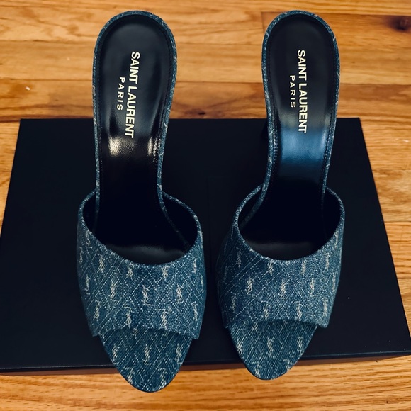 Saint Laurent Blue Monogram Mules - Picture 1 of 3